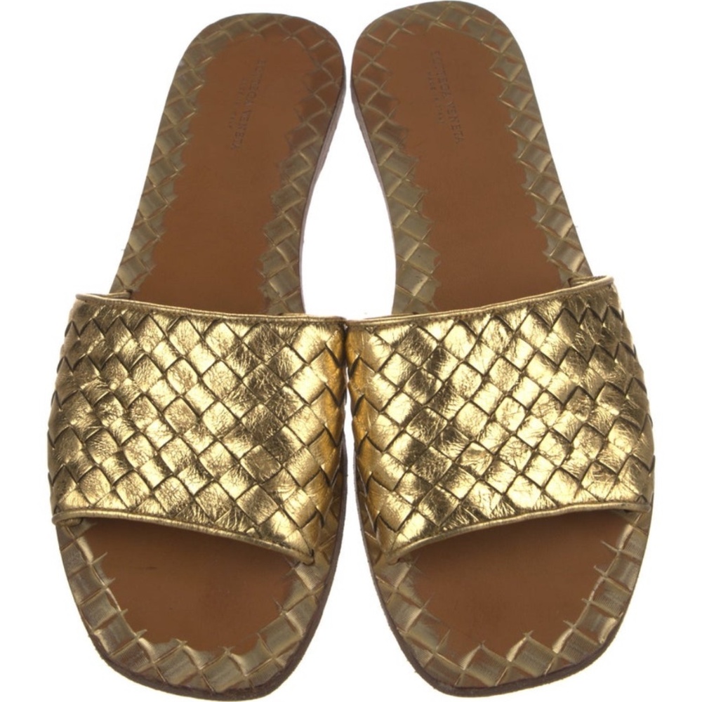 Bottega Veneta Gold Intrecciato Leather Flat Slides Size 38.5